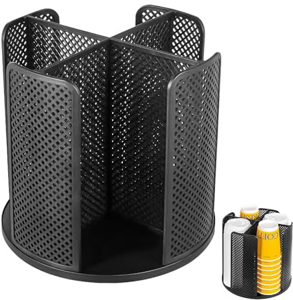 Avlnuwn Rotating Coffee Cup Holder with 4 Compartments, Removable Cup Dispenser for Paper Cups & Lids, Space-Saving Countertop Cup Holder for Home, Office or Coffee Bars (Black)
