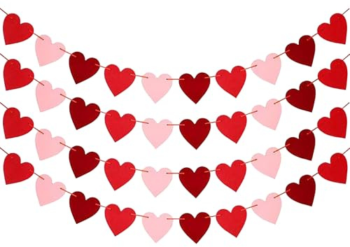 4 Stück Herz Papier Girlande Rosa Deko, Hängend Herzgirlande, Girlande Herzen, Dekorationen für Geburtstag, Hochzeitsgirlande, Herzen Roter Filz Girlandes für Hochzeiten Valentinstag Geburtstagsfeiern
