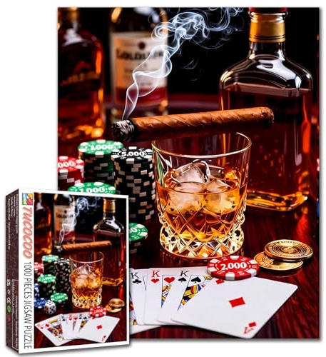 Whisky Jigsaw Puzzles 1000 Pieces Puzzle for Adults,Families(Whiskey,Cigar,Wine Bottle,Playing Cards,Game Chips,Poker) Pieces Fit Together Perfectly 19.7''x27.6''inch Man Cave Frameable Puzzle Art