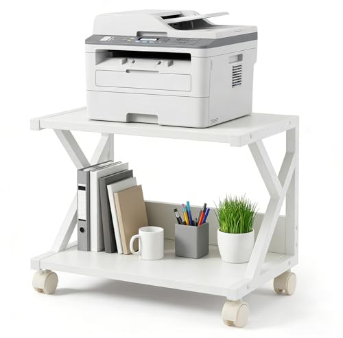 LN COZY CORNER Modern Desktop Printer Stand 2 Tier Desk Organizer Multi-Purpose Computer Monitor Riser with Storage Shelves Wood Printer Stand for Home Office Fax Machine Scanner Books (White)