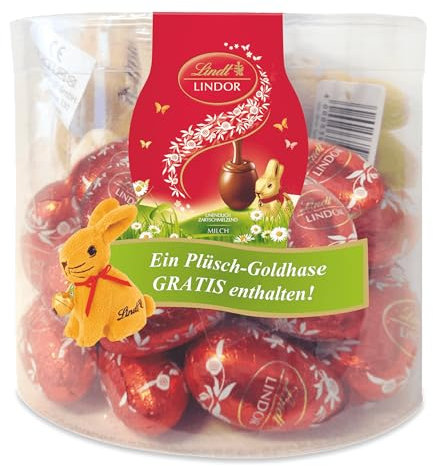 Lindt Schokolade LINDOR-Eier Vollmilch | 450 g Paket | ca. 25 x LINDOR Vollmilch-Schokolade mit zartschmelzender Füllung und ein kuschliger Plüsch-Osterhase | Osterschokolade | Schokoladengeschenk