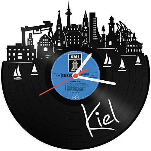 GRAVURZEILE Schallplattenuhr - Skyline Kiel - Wanduhr aus gegossenem Vinyl mit Stadt Skyline 30 cm - Upcycling Design-Uhr Wand-Deko Vintage-Uhr Wand-Dekoration Retro-Uhr - Made in Germany