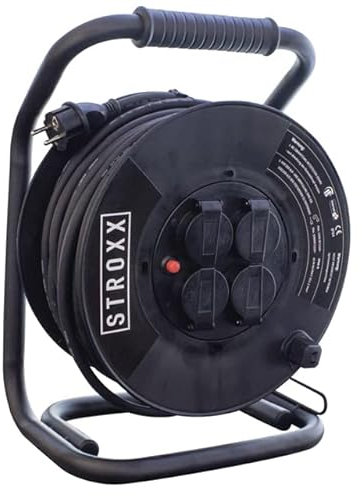 STROXX - Kabeltrommel 40m, IP44, Kabeltyp H07RN-F 3G, 1,5mm², Schwarz, 4 Steckdosen mit Kappen, 230V, 3000W ausgerollt, 1000W eingerollt, CE und GS zertifiziert, für Baustellen und Werkstätten.