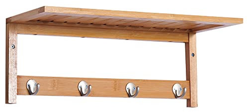 HOMCOM Wall Mounted Coat Clothes Hat Hanger 4 Hooks Rack Stand with Rail & Storage Shelf for Hallway Entryway Bedroom Bathroom