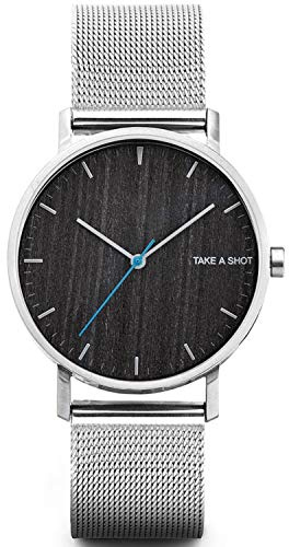 TAKE A SHOT - Holzuhr mit Zifferblatt aus Holz, silbernes Edelstahl Armband, Ø 40 mm analoge Armbanduhr mit Gehäuse aus Edelstahl - Huck