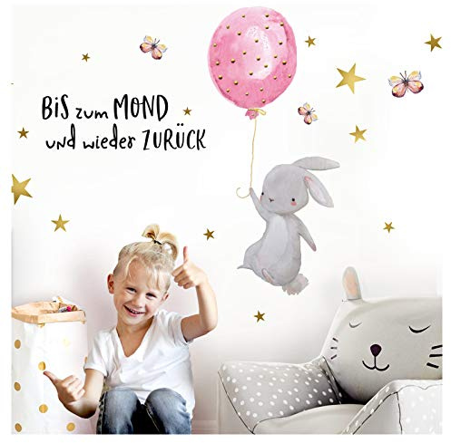 Little Deco Wandtattoo Hase mit Luftballon Rosa & Spruch Bis zum Mond DL239
