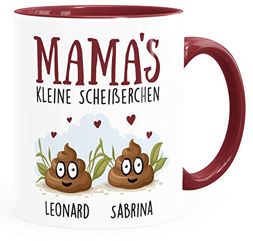 MoonWorks®Tasse personalisiert Mama's kleine Scheißerchen und anpassbare Namen Kackhaufen Geschenk für Mama 2 Kinder bordeauxrot Keramik-Tasse