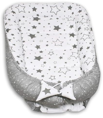 PaLulli 120x60 cm Babynest Babynestchen XXL Babykokon 2seitig 100% Baumwolle Kissen Nestchen für Babybett Reisebett für Baby und Säugling Feathers (Big Stars)