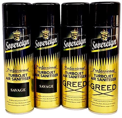 Savage & Greed Bundle Sovereign Car Home Turbojet Air Freshener Sanitiser Spray Blast Can 4 Pack
