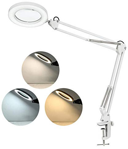Neoglint Lampada da tavolo flessibile a morsetto con lente d'ingrandimento 8X Braccio orientabile LED dimmerabili, 3 modalità colore e 10 livelli di luminosità Lettura funzionante (più grande, bianco)