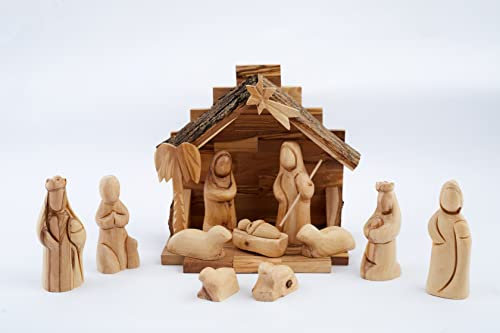Olive Wood Gifts Shop Weihnachtskrippe aus Olivenholz (15,7 cm Höhe Krippe – 8,9 cm abstrakte Figuren), geschnitzte Krippe aus Holz von talentierten Künstlern in Bethlehem – von Olive Wood Gifts Shop