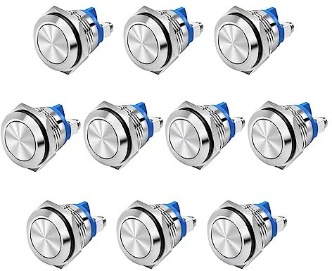 RUNCCI-YUN 10 Stücke 3V-12V-220V 16mm Momentan Metall Druckschalter SchraubklemmenDrucktaster Edelstahl Hupenknopf Türklingel für Pkw,Lkw, Schiffen, Türklingeln,Zündsystemen (Flachkopf)