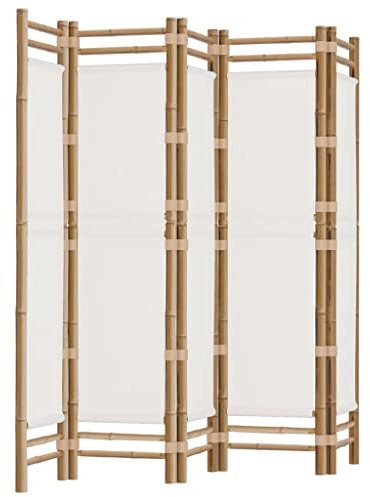 vidaXL Cloison de Séparation Pliante 5 Panneaux, Séparateur de Pièce, Paravent de Salon Balcon Jardin Intérieur, 200 cm Bambou et Toile Blanc Crème