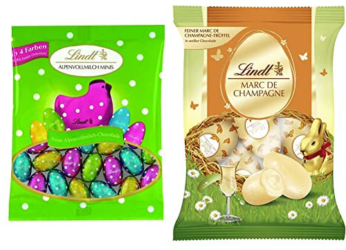 Lindt Schokolade Deko Alpenmilch Mini-Eier | 2 x 180 g Beutel & Schokolade Trüffel Eier | 3 x 90 g | Feinster Marc de Champagne-Trüffel in weißer Schokolade | Oster Schokolade | Schokoladengeschenk