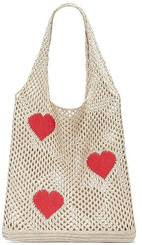 JTFBA Häkeltasche Strandtasche für Frauen Y2k Geldbörse gestrickte Umhängetasche für Mädchen, Beige-Herz
