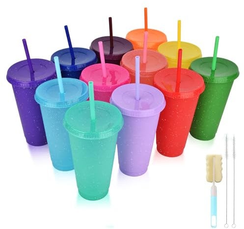 NUZEKY Vasos de plástico reutilizables con popotes y tapas, 12 tazas de café helado frío de 24 onzas, vasos coloridos a granel, lindos vasos de fiesta de viaje duraderos para adultos