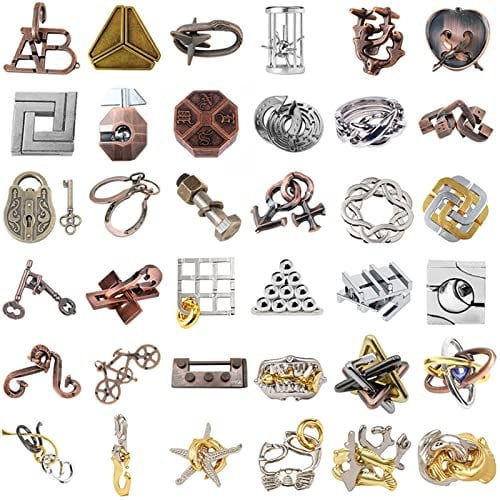 Knobelspiele Metall Puzzle Set, Joyeee Zaubertrick Spielzeug Denkaufgabe IQ Geist Test Lernspielzeug für Party Mitgebsel Erwachsene Teenager und Kinder Herausforderung, Hohe Schwierigkeit, 36Stück - A