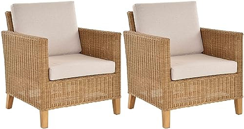 Korb-Outlet 2er Set Rattansessel breit Lounge in der Farbe Honig inkl. Polster Beige, Wohnzimmersessel aus echtem Rattan (2xSessel Honig)