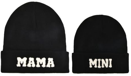 2 x Eltern-Kind-Mütze, Mama- und Mini-Hüte, passende Mütze, Winter, warme Strickmütze, Schwarz, Einheitsgröße