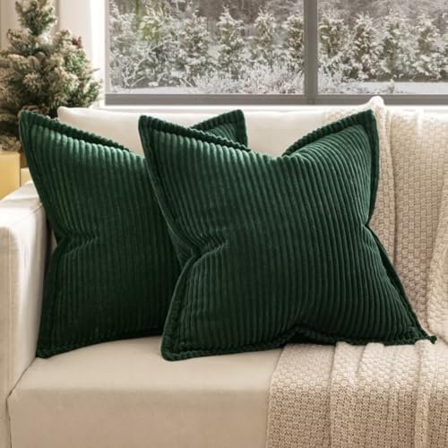 EMEMA Kordsamt Kissenbezug Weiche Kissenhülle Dekorative Sofakissen 40x40 cm 2er Set Dekokissen Moderne Zierkissenbezug Gestreifte Kissenbezüge für Wohnzimmer Schlafzimmer Dunkelgrün