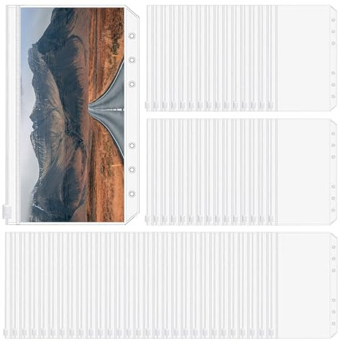 APACALI 90 Stück A6 Binder Taschen, 6 Löcher A6 Binder Taschen mit Zipper, Wasserdicht PVC Bargeld Budget Binder, Transparent Loseblatt Taschen für Einlegeseiten Loseblattbeutel, Foto