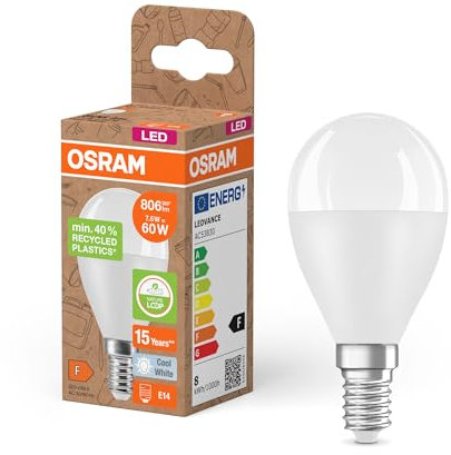Osram LED STAR CLASSIC P 60 FR LED-Lampe, E14, klassische Miniballform, weiß, 7,5W, 806lm, 4000K, kaltweißes Licht, sehr geringer Energieverbrauch, mit recyceltem Kunststoff, 6 - Pack