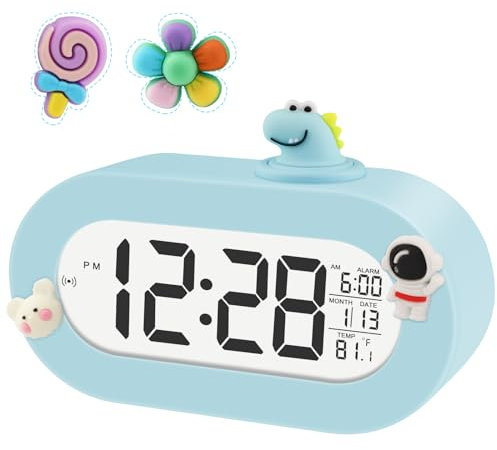 DTKID Neue Wecker Kinder,Dinosaurier-Wecker Mit Datum,Temperatur, Snoozefunktion,Wecker Digital für Mädchen Jungen Kinder fürs Schlafzimmer