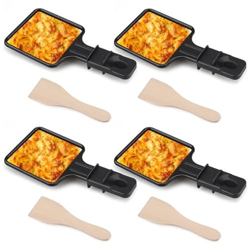 Salubohum 4 Mini Sartenes para Raclette, Sartenes Grill Antiadherentes con 4 Paletas de Madera para Parrilla Eléctrica Universal, para Cocinar Queso y Huevos