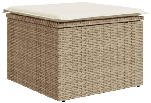 vidaXL Gartenhocker mit Kissen, Hocker mit abnehmbarem waschbarem Bezug, Gartenstuhl mit Staufach unter Sitzfläche, Sitzhocker Gartenmöbel, Beige Poly Rattan