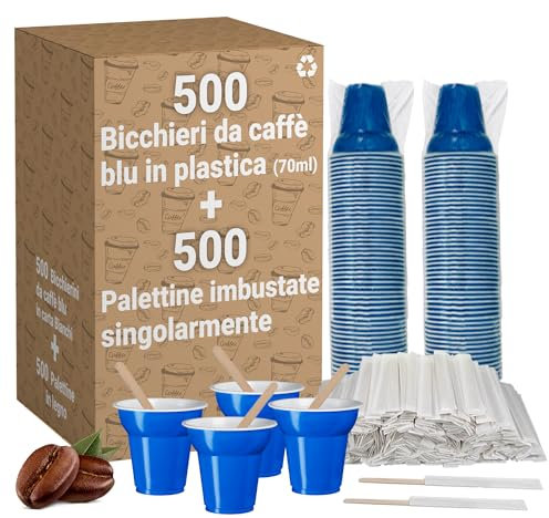 GM KIT 500 Bicchieri in Plastica Blu da Caffè da 70 ML + 500 Palettina da Caffe' in Legno di Betulla imbustate singolarmente
