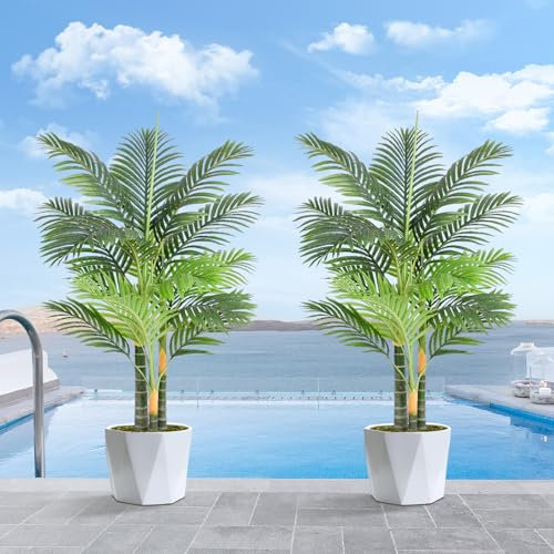 Keeplush 4ft Tall Triple Golden Cane Palm Artificial Tree Large Tropical Palm Tree UV Resistant Fake Plant in Pot for Indoor Outdoor Big House Living Room Outside Patio Office Home Decor 2Pack