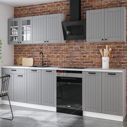 roe furniture Küchenzeile ohne Elektrogeräte - Modern Einbauküche 240 cm - Küche Komplett Lora - Küchenblock - Geräumige Singleküche - Küchenmöbel Komplett Grau Matt & Weiße Oberseite