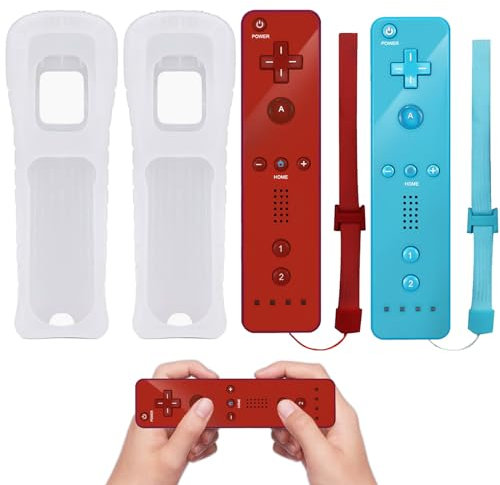 BAIFULAI 2 Pack Wii Controller, Wii Fernbedienung mit Silikongehäuse und Handgelenksgurt, Gamecontroller Wii Controller, Wii Remote für Wii Und Wii U Gastgeber (Rot + Hellblau)