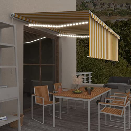 Homgoday Toldo retráctil manual, parasol y LED, 4 x 3 m, amarillo y blanco, muebles para exteriores para privacidad, toldo para jardín, toldo para exterior, toldo lateral para terraza, modelo 3069303