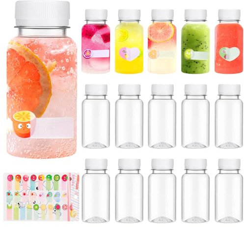 QHSXMQ 15 Pcs Juice Bottles with Lids, 100ml Plastic Shot Bottles with lids, Reusable Small bottles with lids for Smoothie, Milk, or Juice Drinks - Includes Fruit Stickers (White)