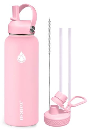 SENDESTAR Stainless Steel Wide Mouth Water Bottle 32oz Double Wall Vacuum Insulated Leak Proof Bottle with New Flex Straw Lid & Spout Lid XIN-PH-1000-1