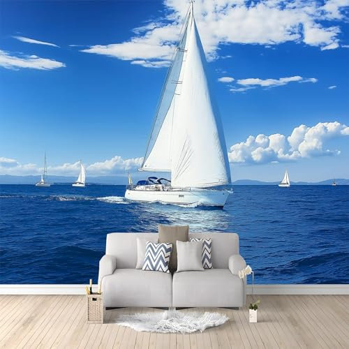 Blaue Yacht Mit Meerblick Tapete Wandbild 3D Fototapete Blau Vliestapete Wandtapete Foto für Modernes Design der Fernseh Hintergrund Wand-Kunst-Deko, 400x280 cm
