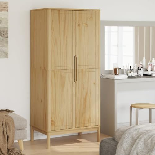 Sufrk Kleiderschrank Floro braunes Wachs 77 x 53 x 171 cm Massivholz, Schrank mit Holztüren, sehr geräumiger Multifunktionsschrank mit Trennwand Dekor