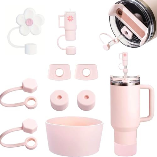 Accessoires Compatible avec Stanley Cup, Lot de 9 Stanley Cup Accessoires Comprend des Protections Anti-fuites en Silicone, Kit de Joints Anti-fuite pour Gobelets Stanley de 1,2 l et 850 ml, Rose