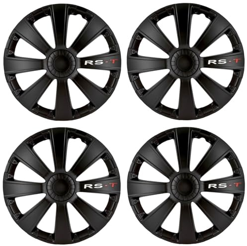 Radkappen 16 Zoll Schwarz Matt mit Schriftzug 4er Satz Radzierblenden | Passend für viele 16-Zoll-Stahlfelgen von VW, Ford, Opel, Renault, Peugeot, Citroën, Seat, Skoda, Toyota & Kia