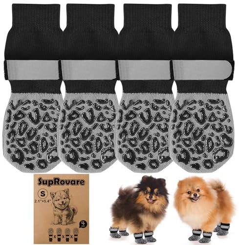 4 Stück Hundesocken Anti Rutsch,Hundesocke mit Klettverschluss Riemen Leuchtband,Hunde Schuhe Outdoor,Leopardenmuster Hundesocken Leckschutz,Hunde Schuhe Kleine Hunde,Pfotenschutz für Hunde(S)