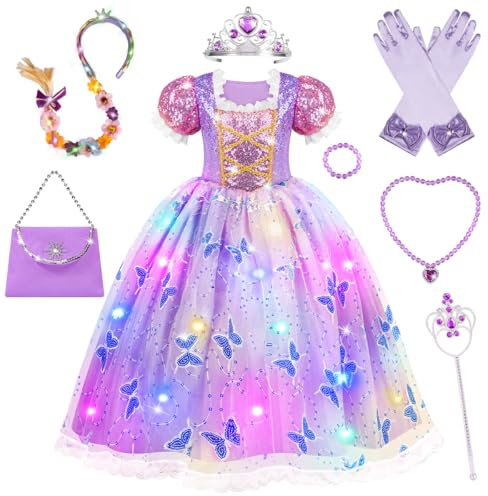 MerryXGift Robe de princesse pour fille de 3 à 10 ans - Violet - Avec couronne, baguette magique - Bandeau pour enfant de 3 à 10 ans - Costume de carnaval pour enfant de 3 à 10 ans - Pour carnaval