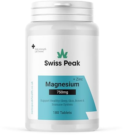 Swiss Peak Magnesium 750mg with Zinc | 180 High-Strength Tablets | Supports Sleep, Skin, Bones & Immune System | UK Made, Lab-Tested, Vegan-Friendly