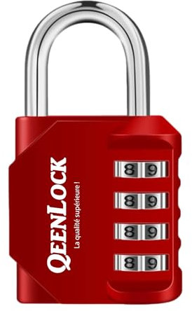 QEENLOCK Cadenas Code 4 Chiffres, Cadenas a Code Pour Casier Vestiaire Sport, College, Scolaire, Cadna avec Code Exterieur Pour Portail, Abri de Jardin,couleurs noir, bleu, rouge (rouge)