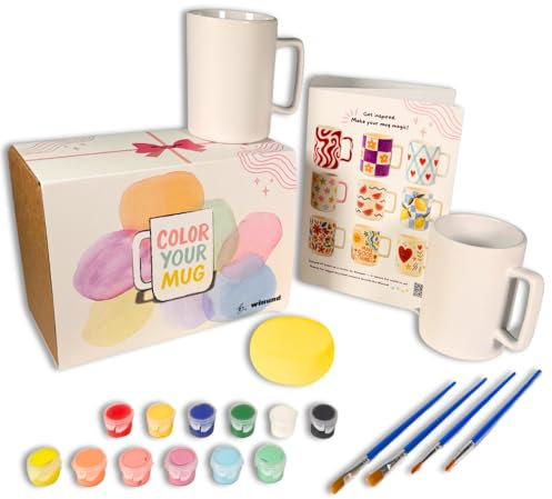 Winund - Kit peinture sur tasse – 2 mugs blancs à décorer – Kit peinture céramique pour adulte – Porcelaine blanche à peindre – Tasse à peindre avec couleurs et pinceaux