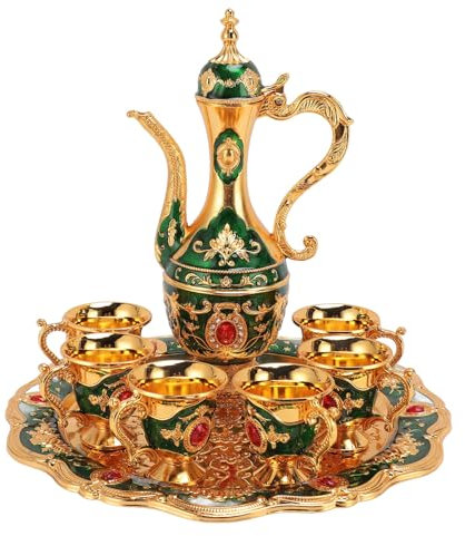 Juego de té turco vintage de metal con 6 tazas, jarra de vino europea, tetera antigua, elegante juego de café turco de metal, perfecto para entretenimiento