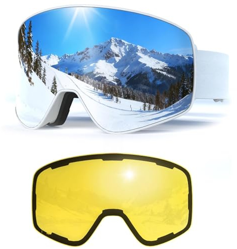 Skibrille Magnetisch OTG,Skibrille mit Wechselglas für Unisex UV-Schutz Anti-Nebel Vollständig Plattiertes REVO Verstellbarer Rutschfester Riemen,Snowboard Brille für Skifahren (02-Silber/Weiß)