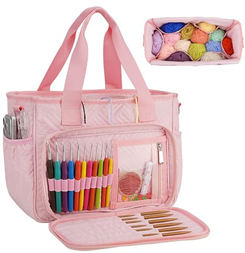 Dadanism Häkel Basteltasche, Stricktasche mit Griff und Schultergurt, Rosa