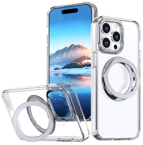 XKchatpt Mag-Stand 360° Rotatable Ring Magnetic Case for iPhone 15 ProMax, Supports Wireless Charging, Transparent Hard Silicone Shockproof Cover with Ring Holder, Clear