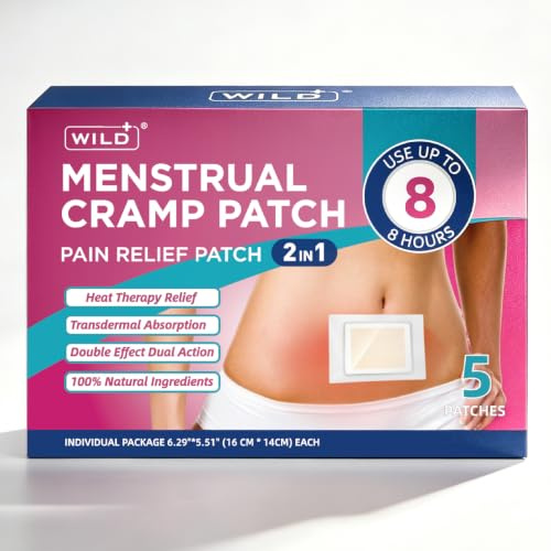 WILD+ Period Relief Patch, Menstrual Cramps Heat Patches-Direct to Skin | Essential Oils Relief, Heat Relief Natural Ingredients Disposable Period Soothing Heat Pads (5 Packs)